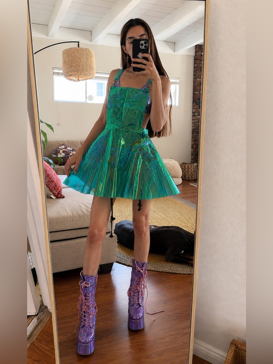 Dolls Kill Dresses & Skirts - Dolls Kill Caleb Exx really old model RARE AQUA GURL HOLOGRAM OVERALL DRESS